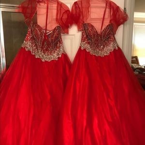 RED DRESS BEADED BODICE BALL GOWN PROM FORMAL